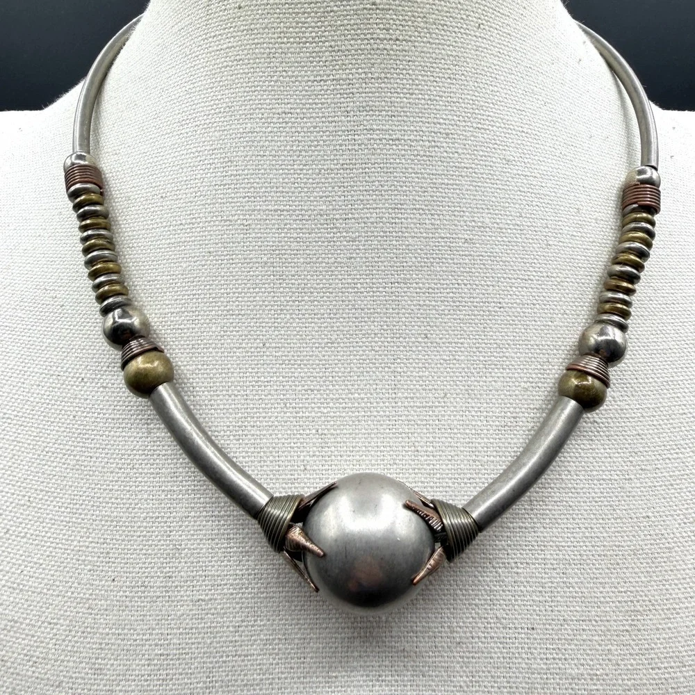Mixed Metal Orb Collar Necklace Silver Copper & Brass Tone Statement Artisan
